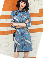 Blue Printed Crane Bird Suede A-Line Cheongsam Qi Pao Dress