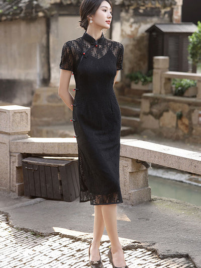 Black Lace Illusion Shoulder Modern Cheongsam Qi Pao Dress
