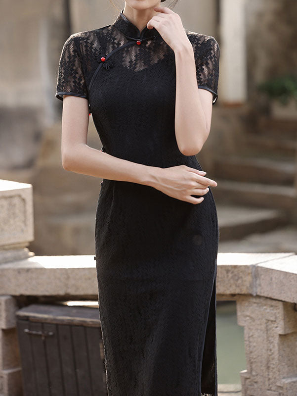 Black Lace Illusion Shoulder Modern Cheongsam Qi Pao Dress