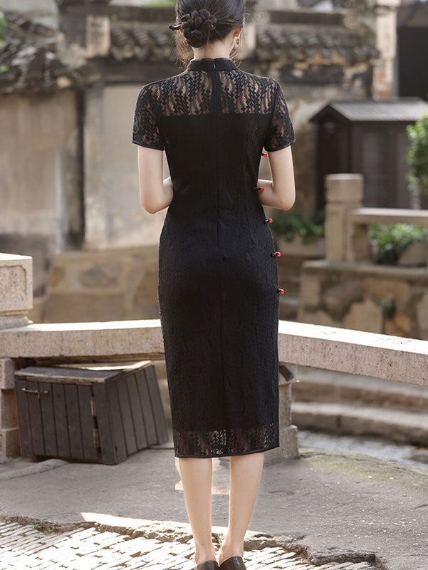Black Lace Illusion Shoulder Modern Cheongsam Qi Pao Dress