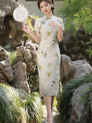 Floral Ramie Midi Cheongsam Qipao Dress