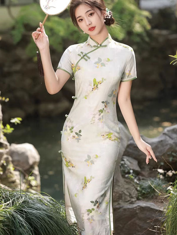 Floral Ramie Midi Cheongsam Qipao Dress