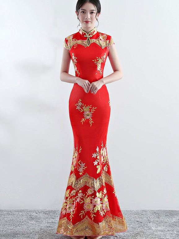Black Red Embroidered Fishtail Cheongsam Qi Pao Dress