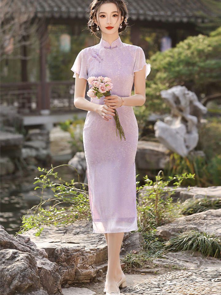 Purple Jacquard Flutter Sleeve Cheongsam Qi Pao Dress