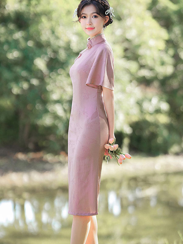 Pink Yellow Jacquard Flutter Sleeve Cheongsam Qi Pao Dress