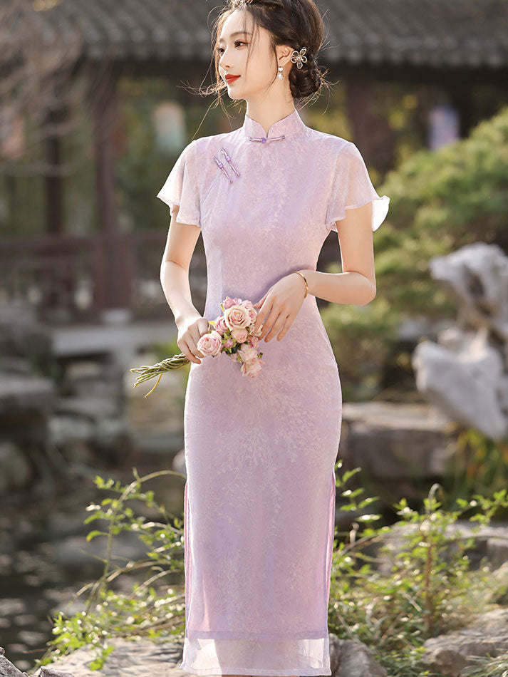 Purple Jacquard Flutter Sleeve Cheongsam Qi Pao Dress