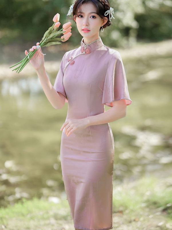 Pink Yellow Jacquard Flutter Sleeve Cheongsam Qi Pao Dress