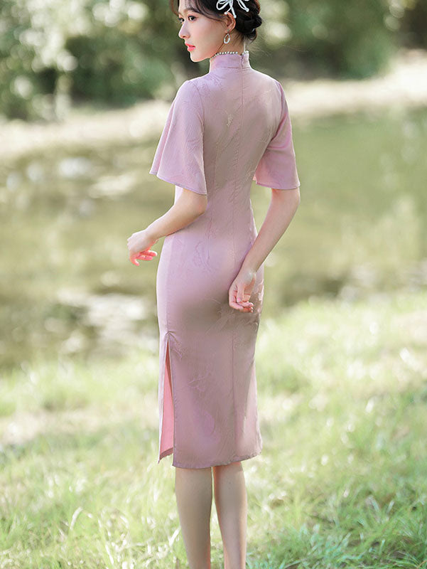 Pink Yellow Jacquard Flutter Sleeve Cheongsam Qi Pao Dress