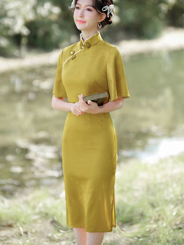 Pink Yellow Jacquard Flutter Sleeve Cheongsam Qi Pao Dress