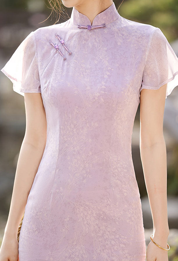 Purple Jacquard Flutter Sleeve Cheongsam Qi Pao Dress