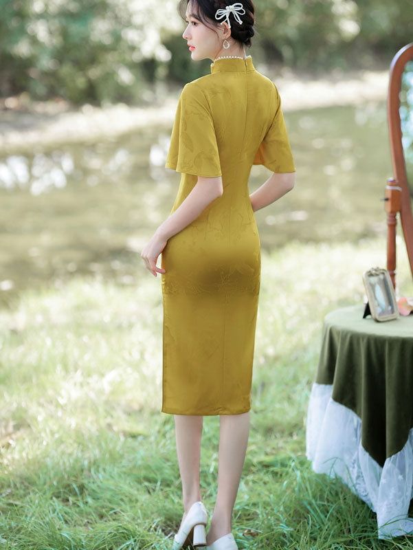 Pink Yellow Jacquard Flutter Sleeve Cheongsam Qi Pao Dress