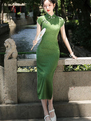 2024 Green Leaf Jacquard Qipao Cheongsam Dress