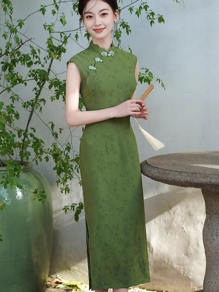 Green Jacquard Floral Maxi Qipao Cheongsam Dress
