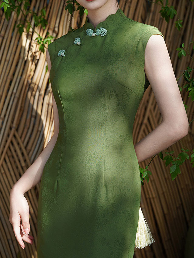 Green Jacquard Floral Maxi Qipao Cheongsam Dress