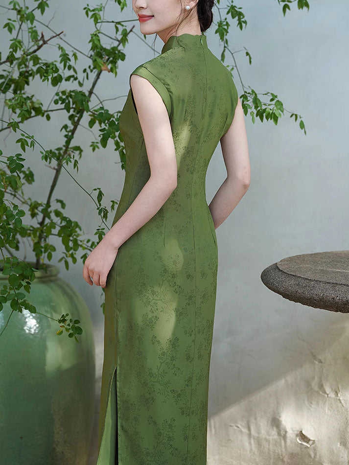 Green Jacquard Floral Maxi Qipao Cheongsam Dress