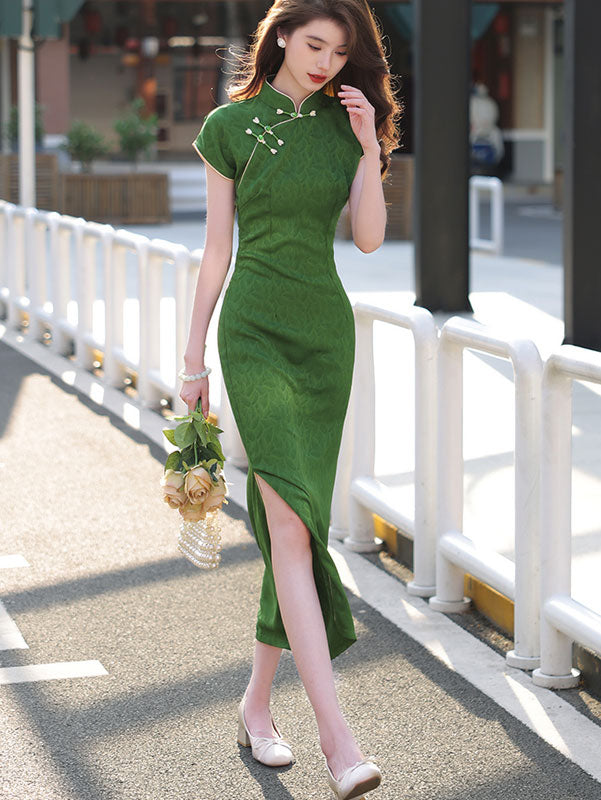 2024 Green Leaf Jacquard Qipao Cheongsam Dress