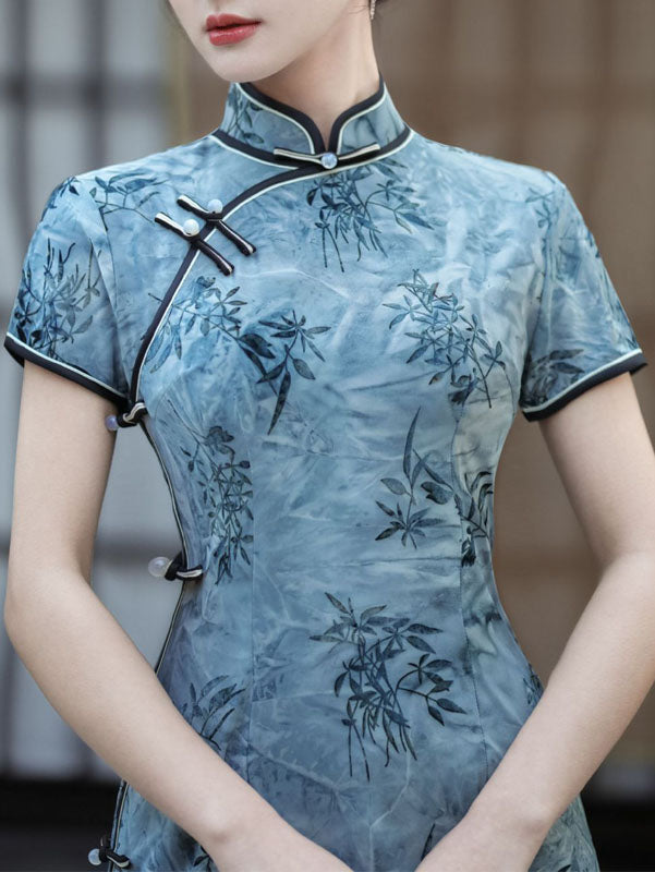 Blue Bamboo Print Midi Qipao Cheongsam Dress