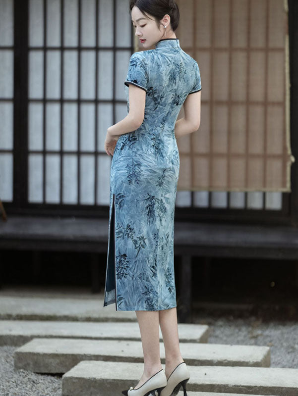 Blue Bamboo Print Midi Qipao Cheongsam Dress