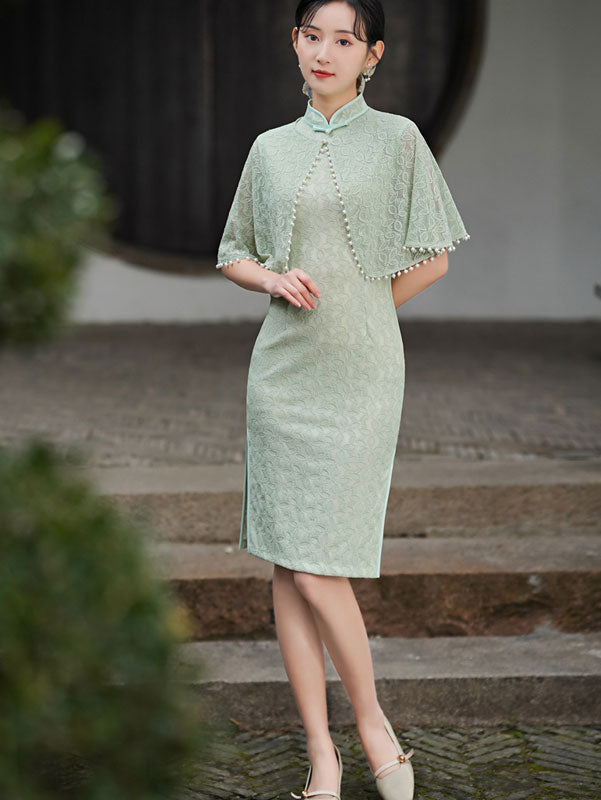 Beige Green Lace Mid Cheongsam Qi Pao Dress with Shawl