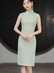 Beige Green Lace Mid Cheongsam Qi Pao Dress with Shawl