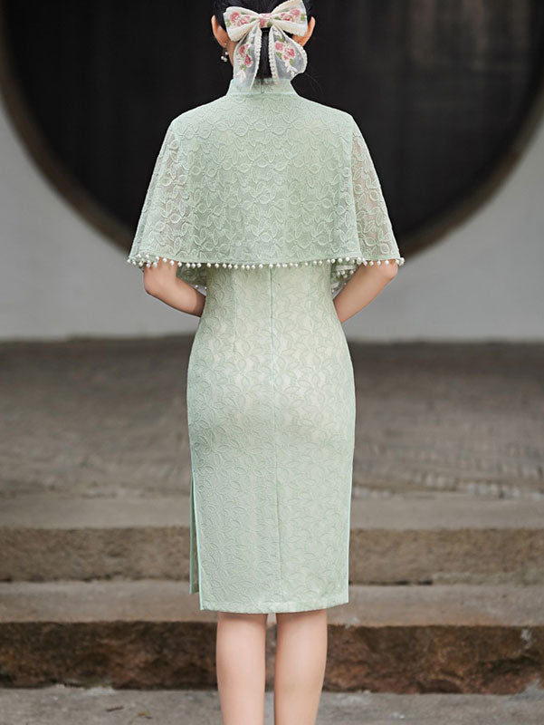 Beige Green Lace Mid Cheongsam Qi Pao Dress with Shawl