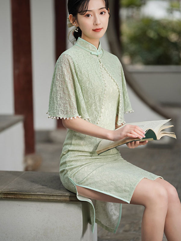 Beige Green Lace Mid Cheongsam Qi Pao Dress with Shawl