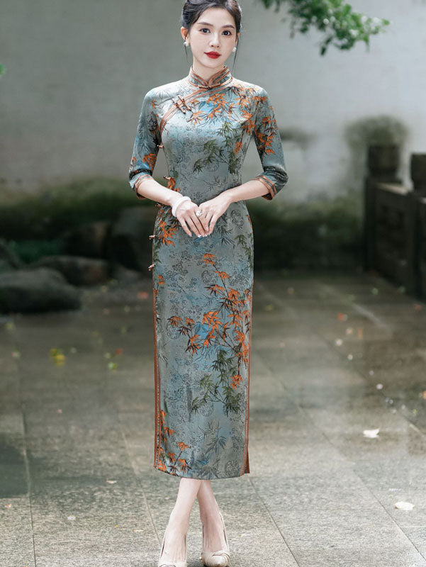 Blue Floral Mothers Winter Cheongsam QiPao Dress