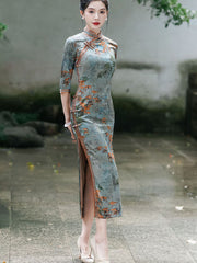 Blue Floral Mothers Winter Cheongsam QiPao Dress