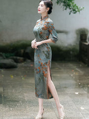 Blue Floral Mothers Winter Cheongsam QiPao Dress