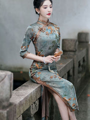 Blue Floral Mothers Winter Cheongsam QiPao Dress