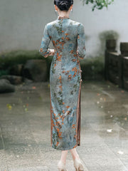 Blue Floral Mothers Winter Cheongsam QiPao Dress