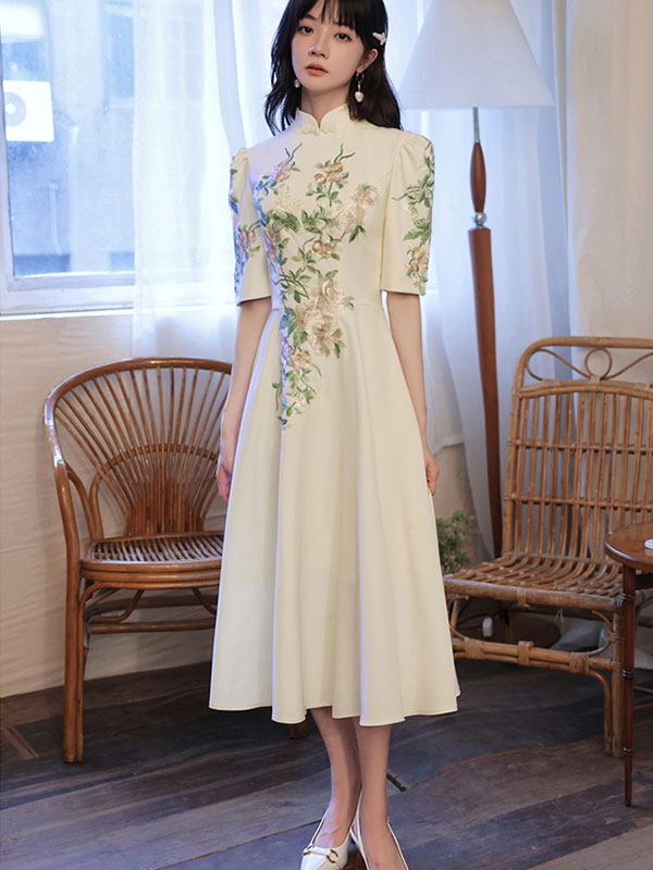 Pink Appliques Fit & Flare Wedding Cheongsam Qi Pao Dress
