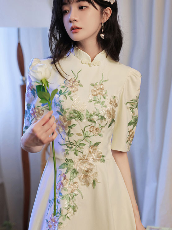 Pink Appliques Fit & Flare Wedding Cheongsam Qi Pao Dress