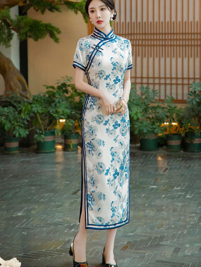 White and Blue Floral Print Cheongsam Qi Pao Dress