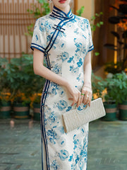 White and Blue Floral Print Cheongsam Qi Pao Dress