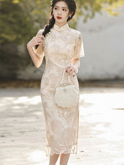 Embroidered Floral Lace Modern Tea Cheongsam Qi Pao Dress