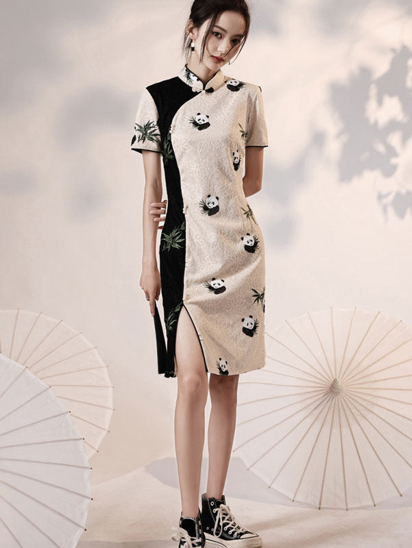 Color-Blocked Lace Embroidered Panda Cheongsam QiPao Dress