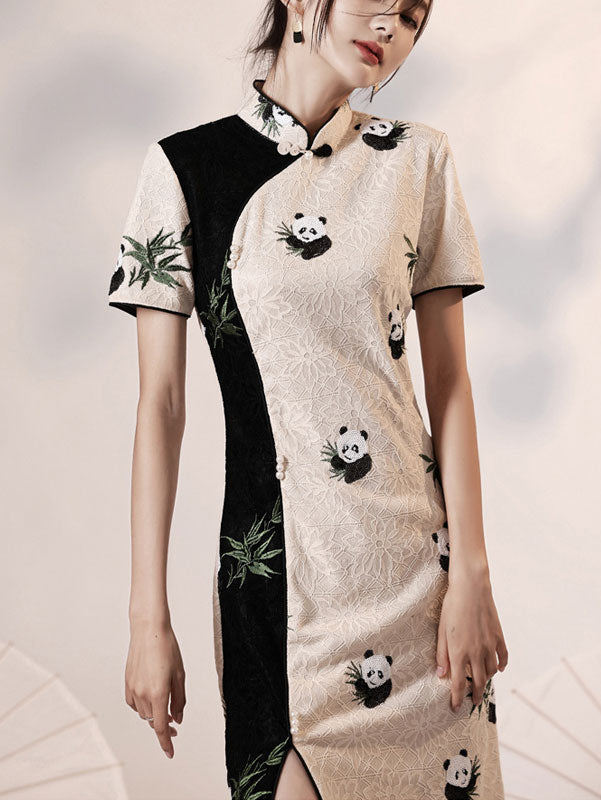 Color-Blocked Lace Embroidered Panda Cheongsam QiPao Dress