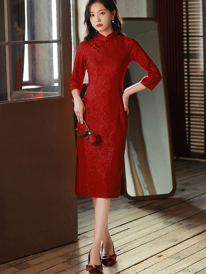 Red Lace Mid Wedding Cheongsam Qi Pao Dress