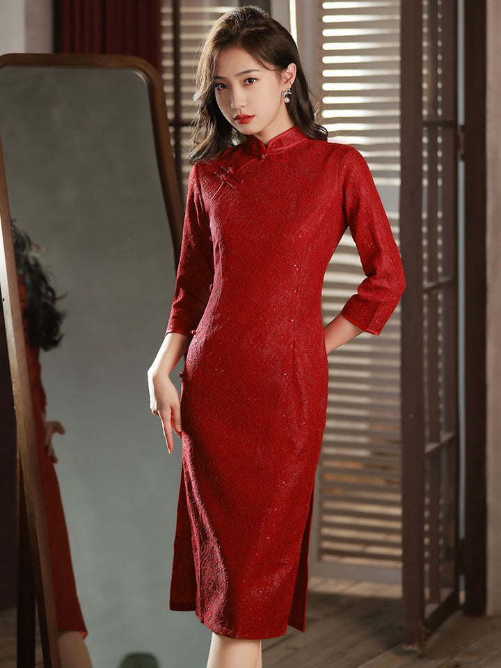 Red Lace Mid Wedding Cheongsam Qi Pao Dress