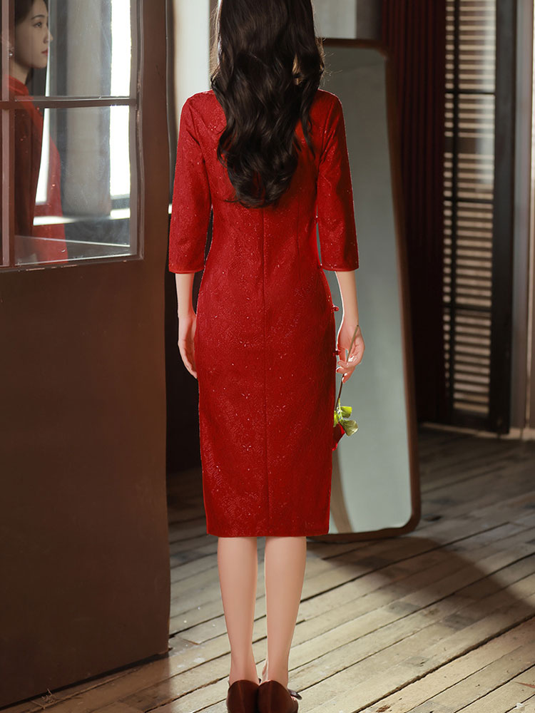 Red Lace Mid Wedding Cheongsam Qi Pao Dress