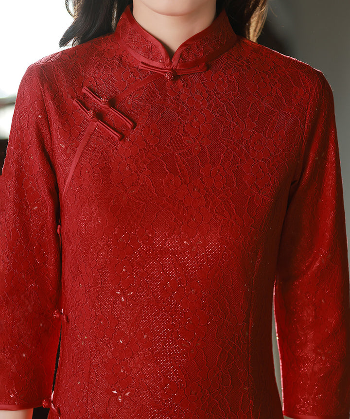 Red Lace Mid Wedding Cheongsam Qi Pao Dress