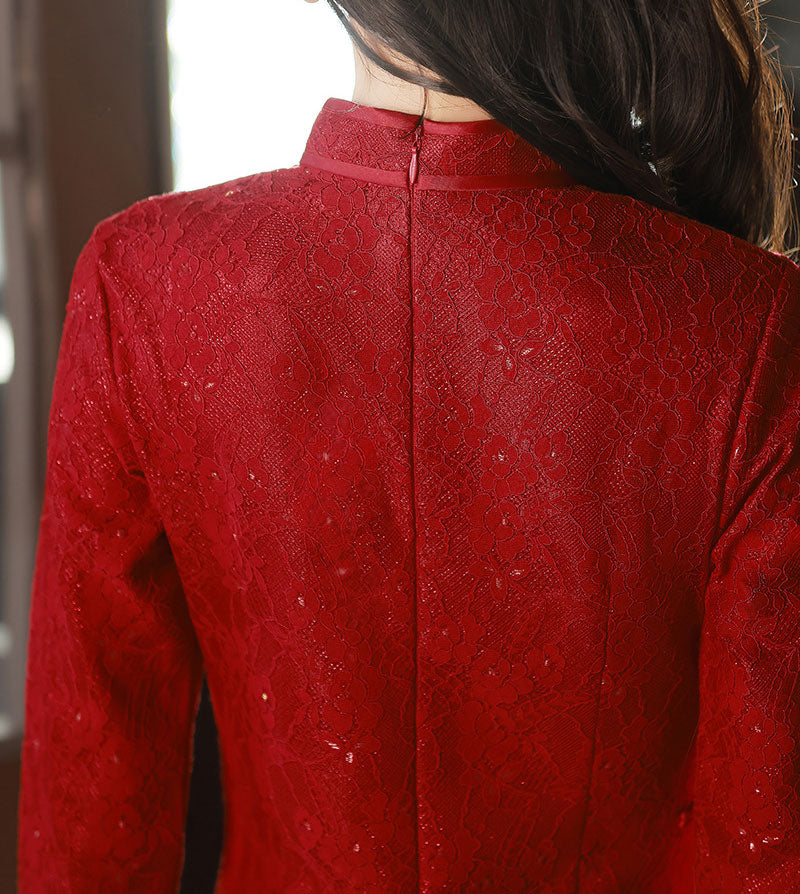 Red Lace Mid Wedding Cheongsam Qi Pao Dress