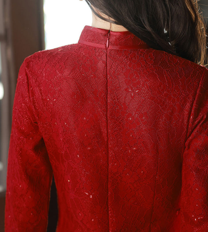 Red Lace Mid Wedding Cheongsam Qi Pao Dress