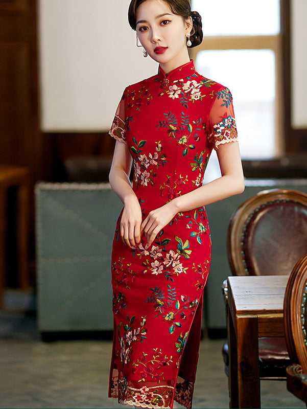 Red Embroidered Lace Midi QiPao Cheongsam Dress