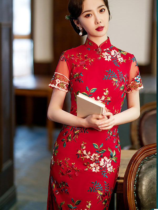 Red Embroidered Lace Midi QiPao Cheongsam Dress