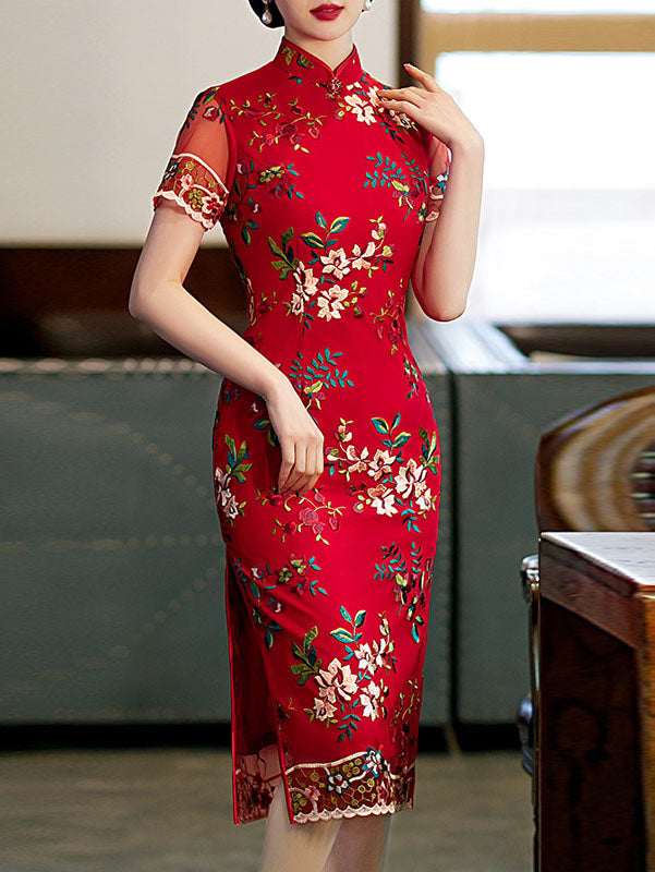 Red Embroidered Lace Midi QiPao Cheongsam Dress