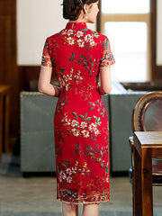 Red Embroidered Lace Midi QiPao Cheongsam Dress