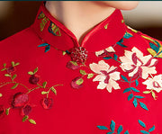 Red Embroidered Lace Midi QiPao Cheongsam Dress