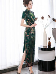 Green Sequined Velvet Full Qi Pao Cheongsam Dress